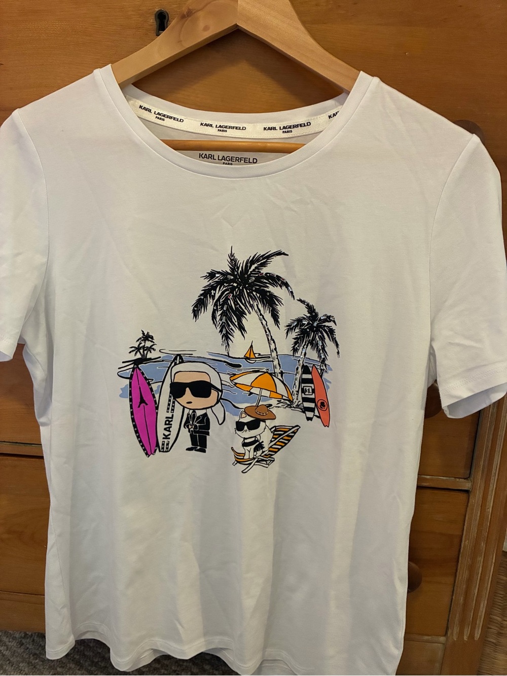 Karl Lagerfeld White Graphic Tee with Beach Cartoon Print